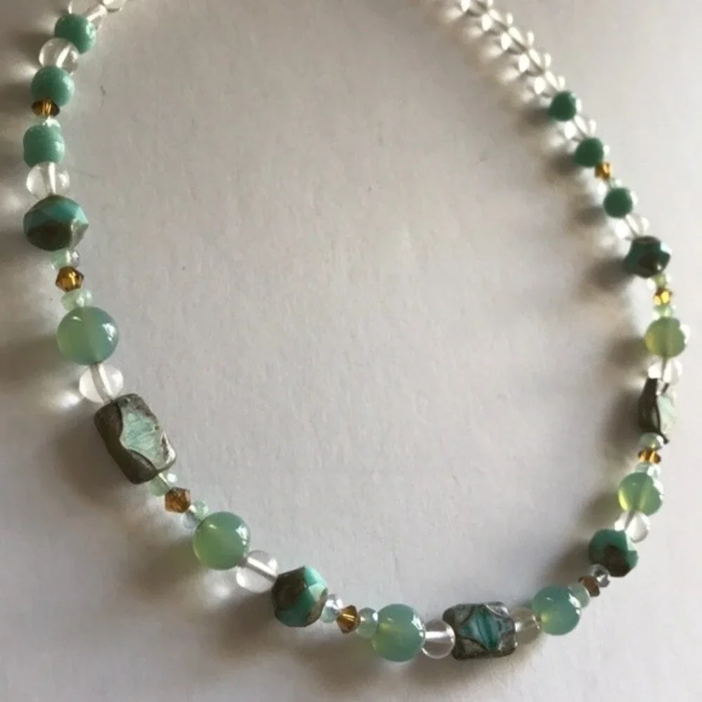 Vintage Handmade Teal Amazonite Rock Crystal Beads Swarovski Sterling Necklace
